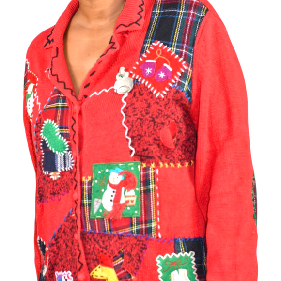 Designer Originals Ugly Christmas Cardigan Sweater Patchwork Plaid Snowman Large - Picture 9 of 16